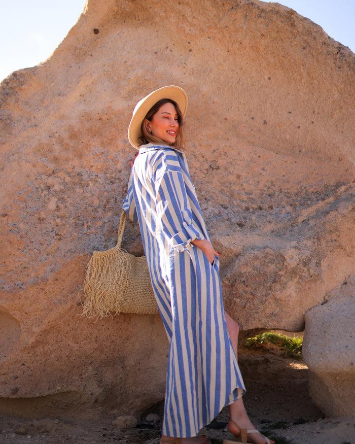 blue and white striped shirt dress