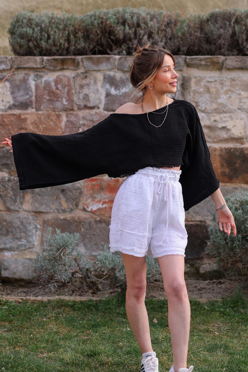 black long sleeve off the shoulder top