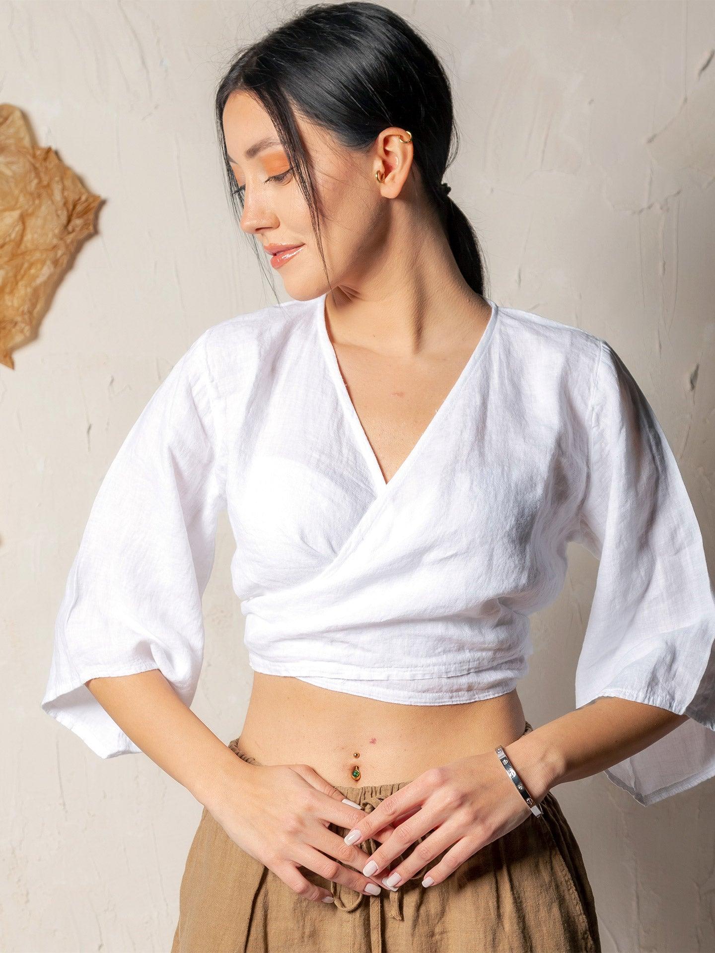 White Linen Tie Front Crop Top